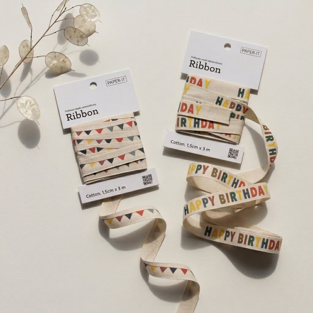Happy birthday + bunting cotton ribbons (3 metre) set of 2