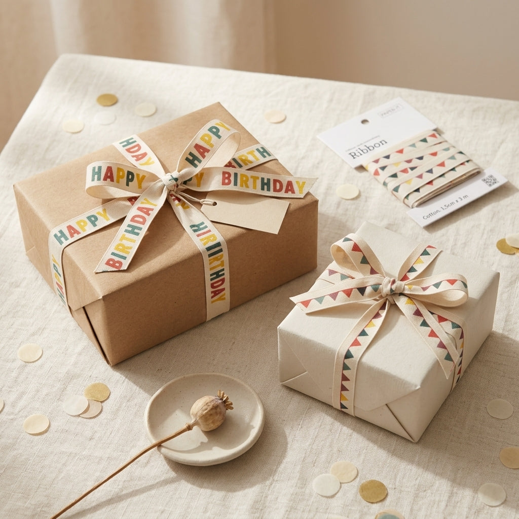 Happy birthday + bunting cotton ribbons (3 metre) set of 2