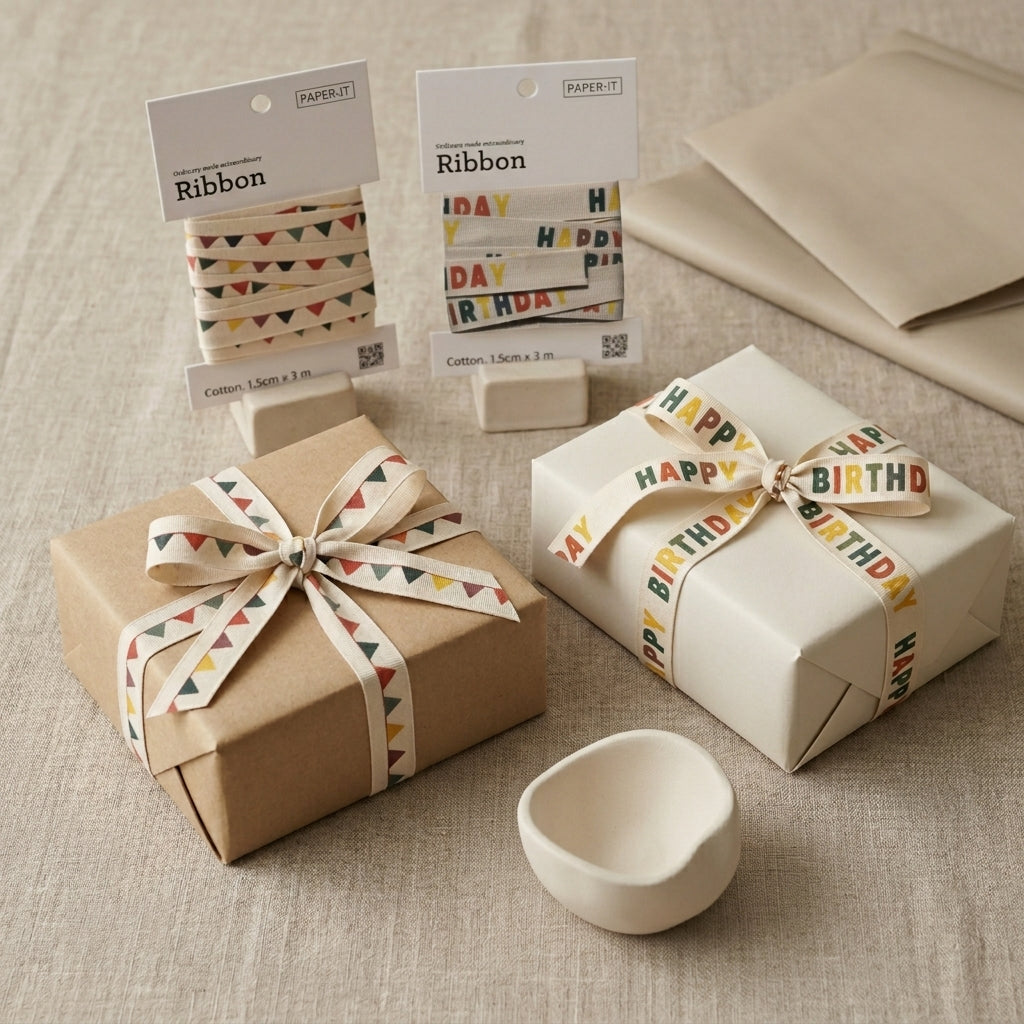 Happy birthday + bunting cotton ribbons (3 metre) set of 2