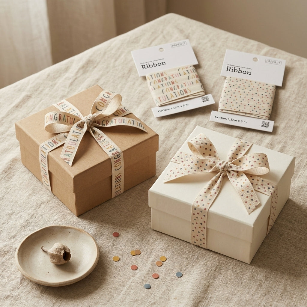 Congratulations + polka dots cotton ribbons (3 metre) <br/> set of 2