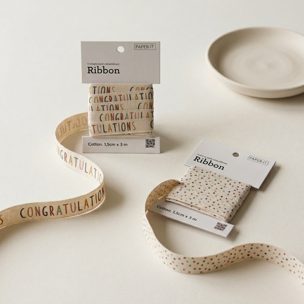 Congratulations + polka dots cotton ribbons (3 metre) <br/> set of 2