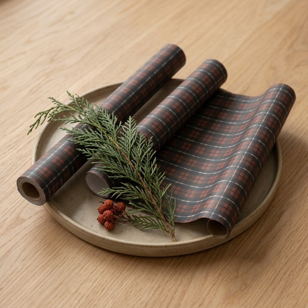 Plaid wrapping sheets+note cards