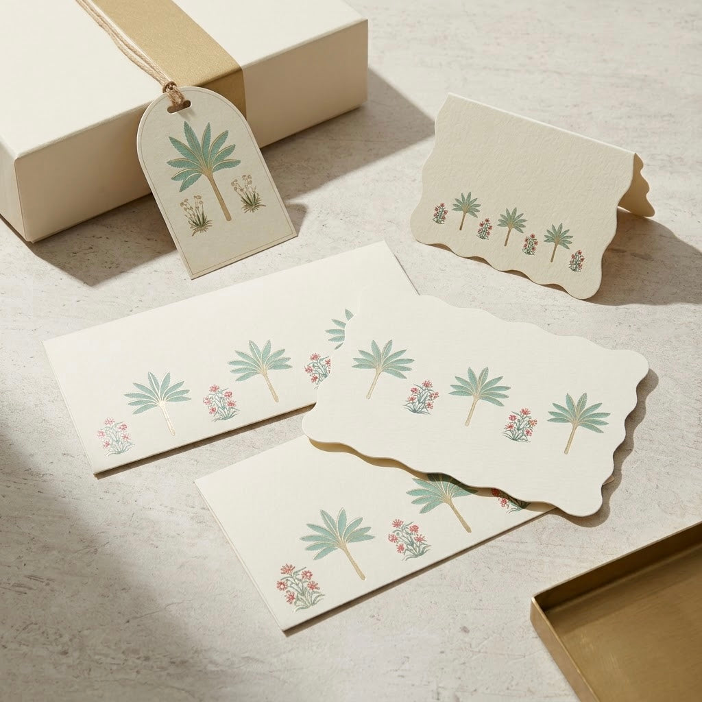 Palm Foiled Gifting Set — Money Envelope + Note Card + Tag + Folded Card