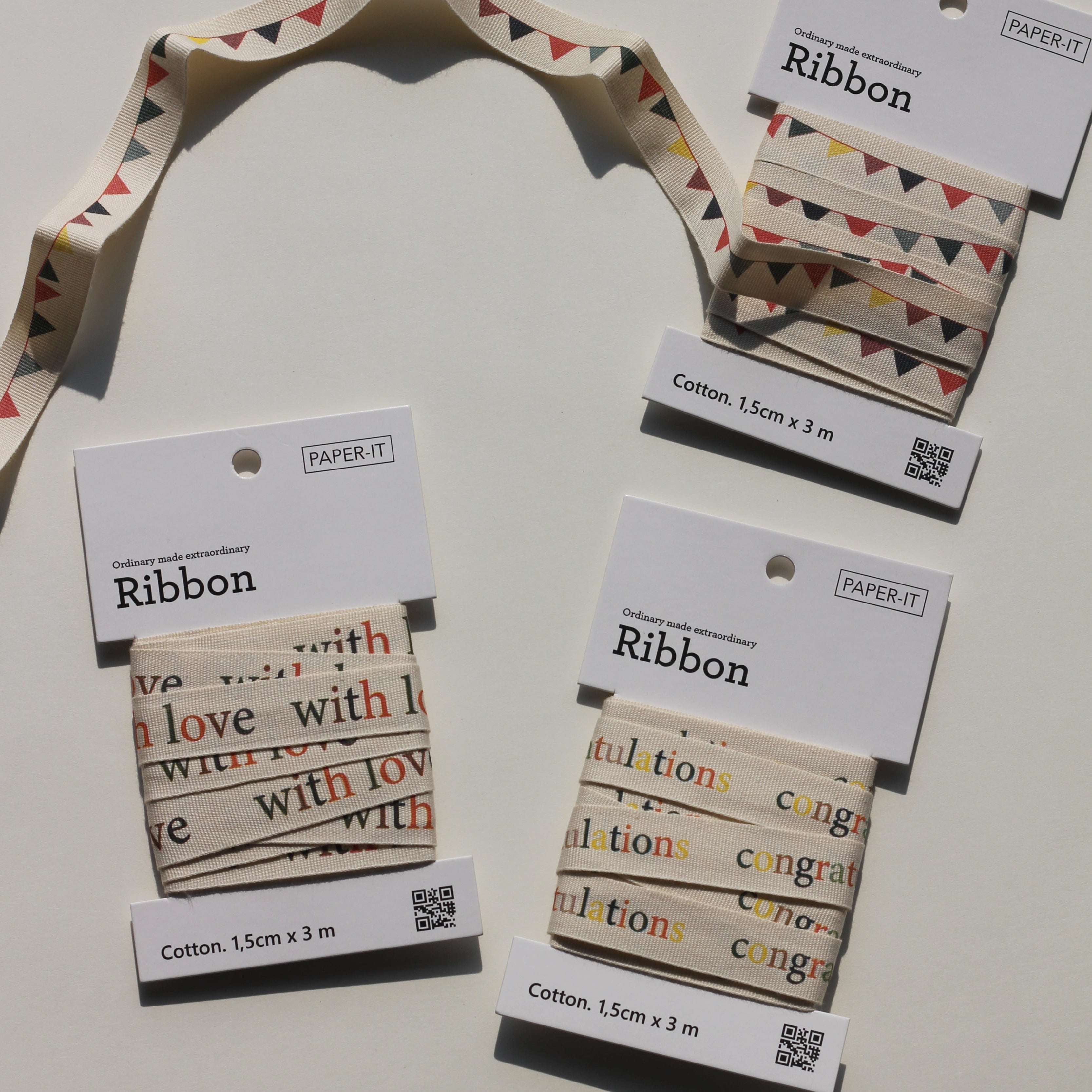 With love + congratulations + bunting cotton ribbons (3 metre) set of 3