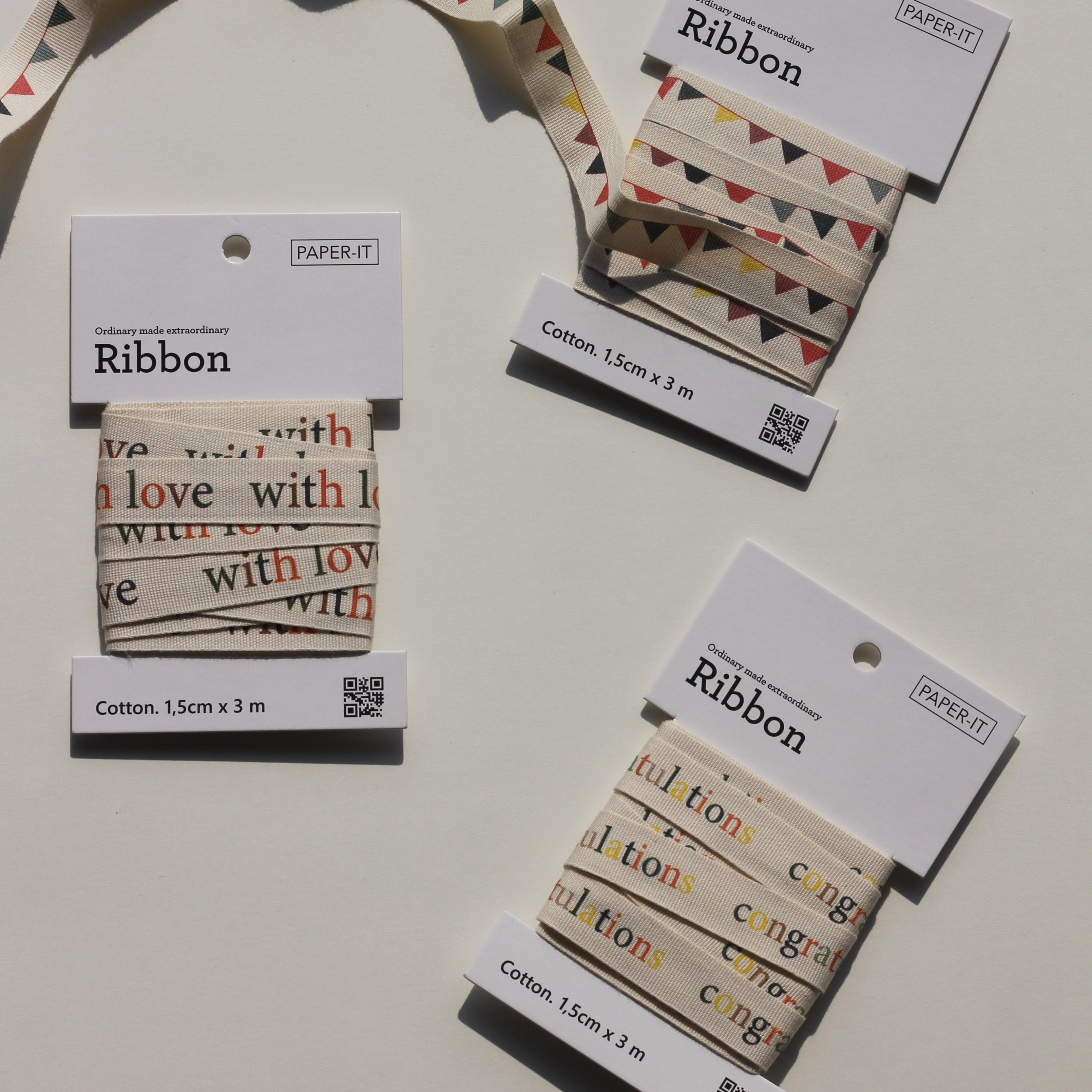 With love + congratulations + bunting cotton ribbons (3 metre) set of 3
