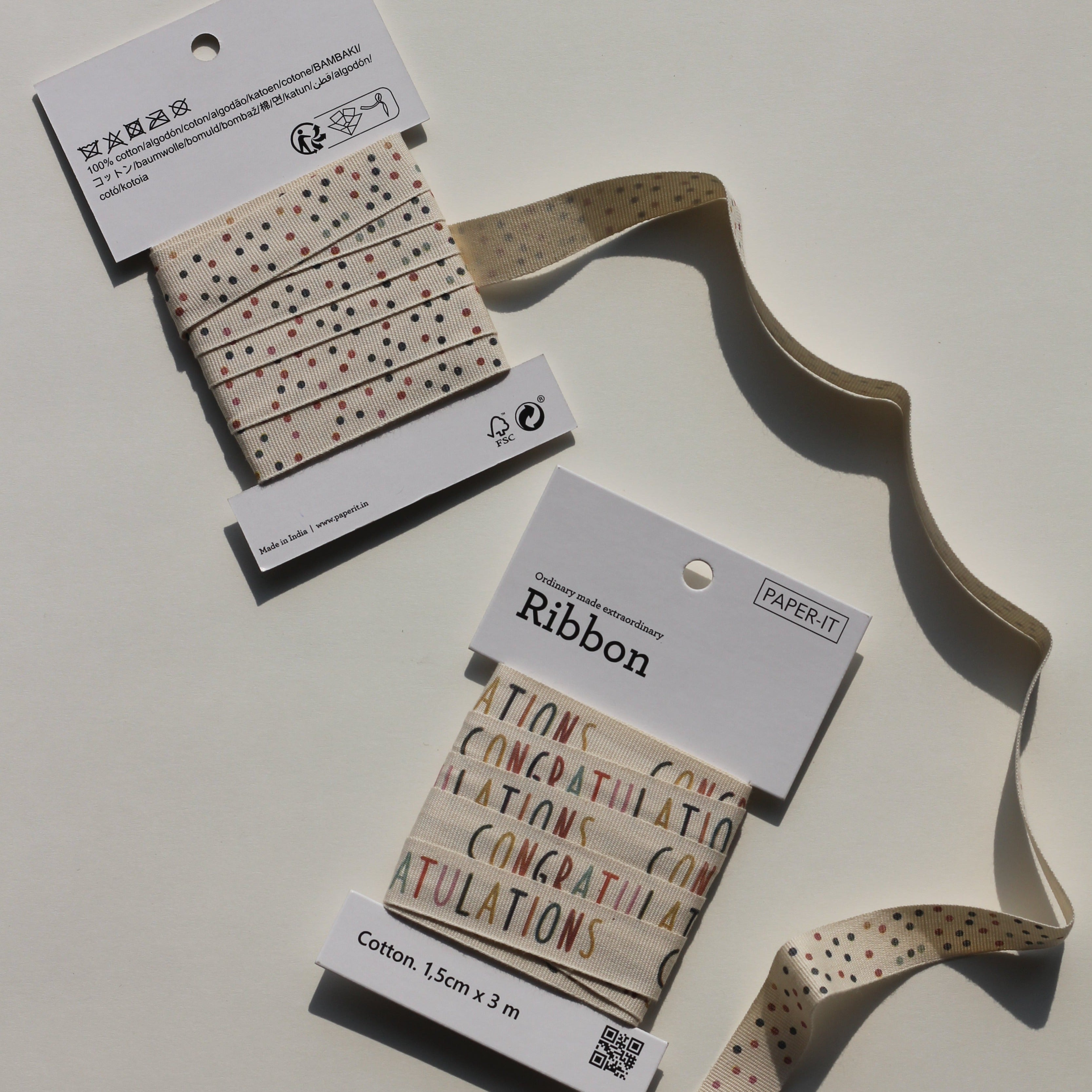Congratulations + polka dots cotton ribbons (3 metre) <br/> set of 2