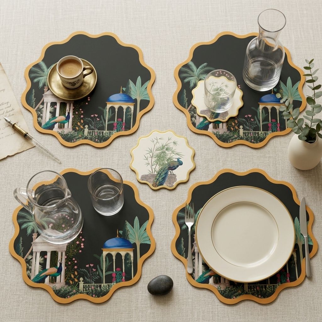 Mughal Garden Foiled Coasters & Tablemats Set –  (6 Coasters + 6 Tablemats)