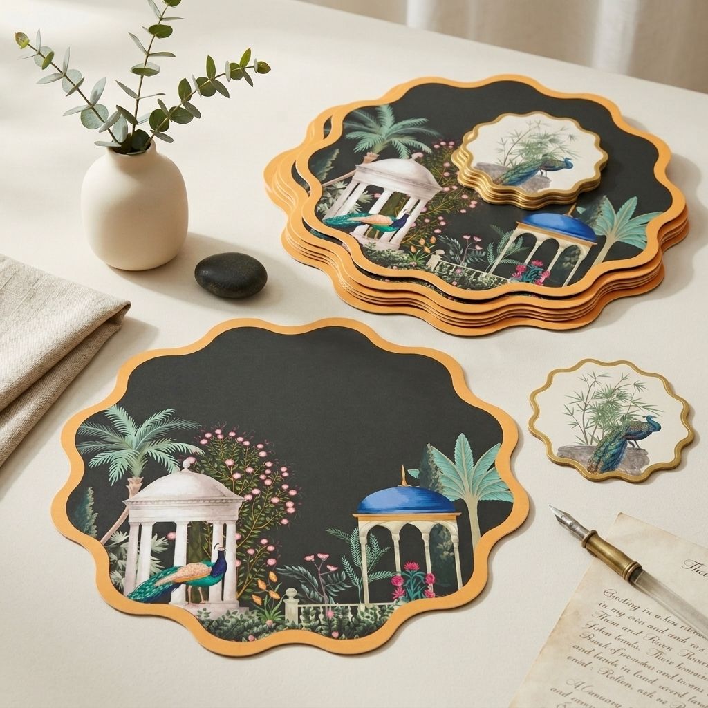 Mughal Garden Foiled Coasters & Tablemats Set –  (6 Coasters + 6 Tablemats)