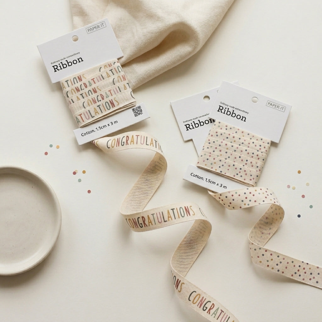 Congratulations + polka dots cotton ribbons (3 metre) <br/> set of 2