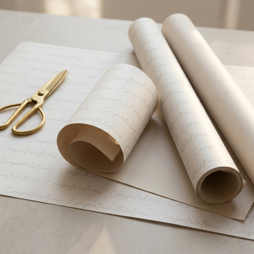 White congratulations wrapping sheets+note cards