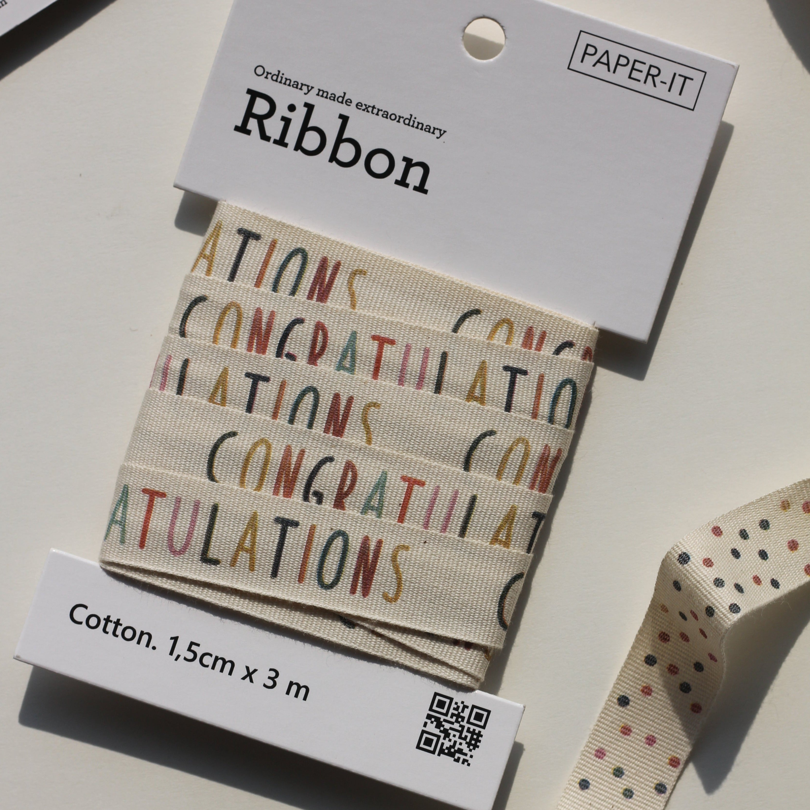 Congratulations + polka dots cotton ribbons (3 metre) <br/> set of 2